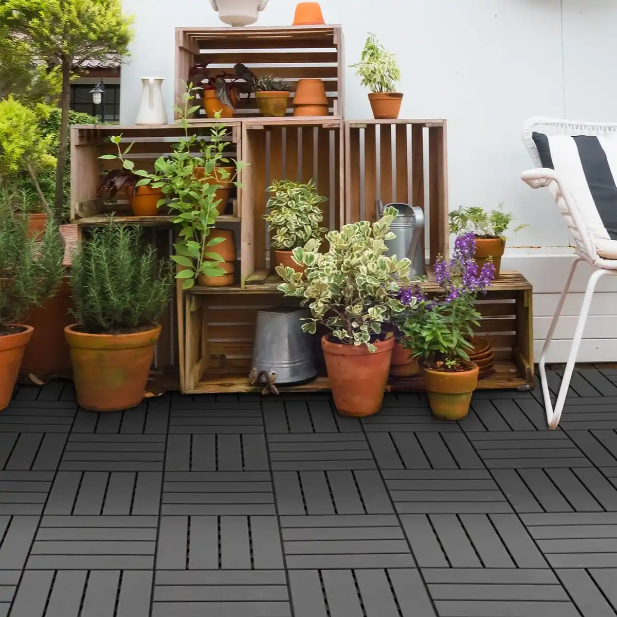 Bild 3 von 9 er Set Terassenfliesen Balkon Patio 30 x 30 cm Garten-Klickfliese Bodenbelag Bodenfliese Innen Außen Kunststoff Schwarz