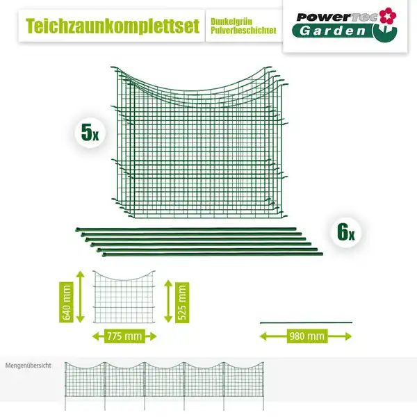 Bild 2 von 11tlg. Teichzaun Unterbogen, ca. 390 x 52,5 cm - Dunkelgrün