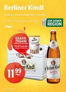 Berliner Kindl Jubiläums Pilsener, Radler oder AlkoholfreiGratiszugabe beim Kauf von 1 Kasten: 1 Berliner Kindl Snack-Mix, nur solange der Vorrat reicht