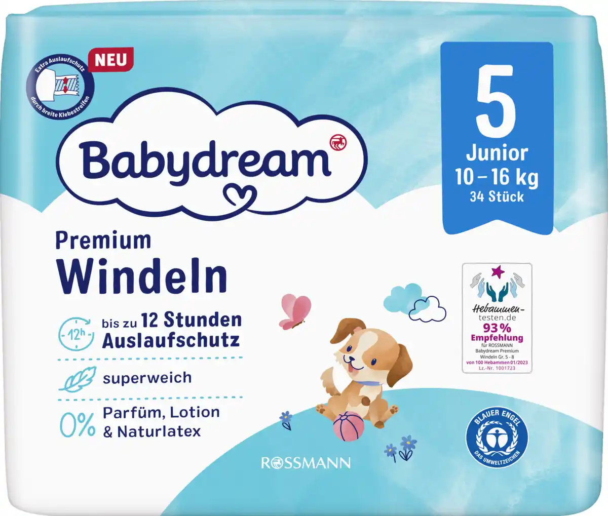 Bild 1 von Babydream Premium Windeln Größe 5 Junior, 34 Stück, 10-16 kg