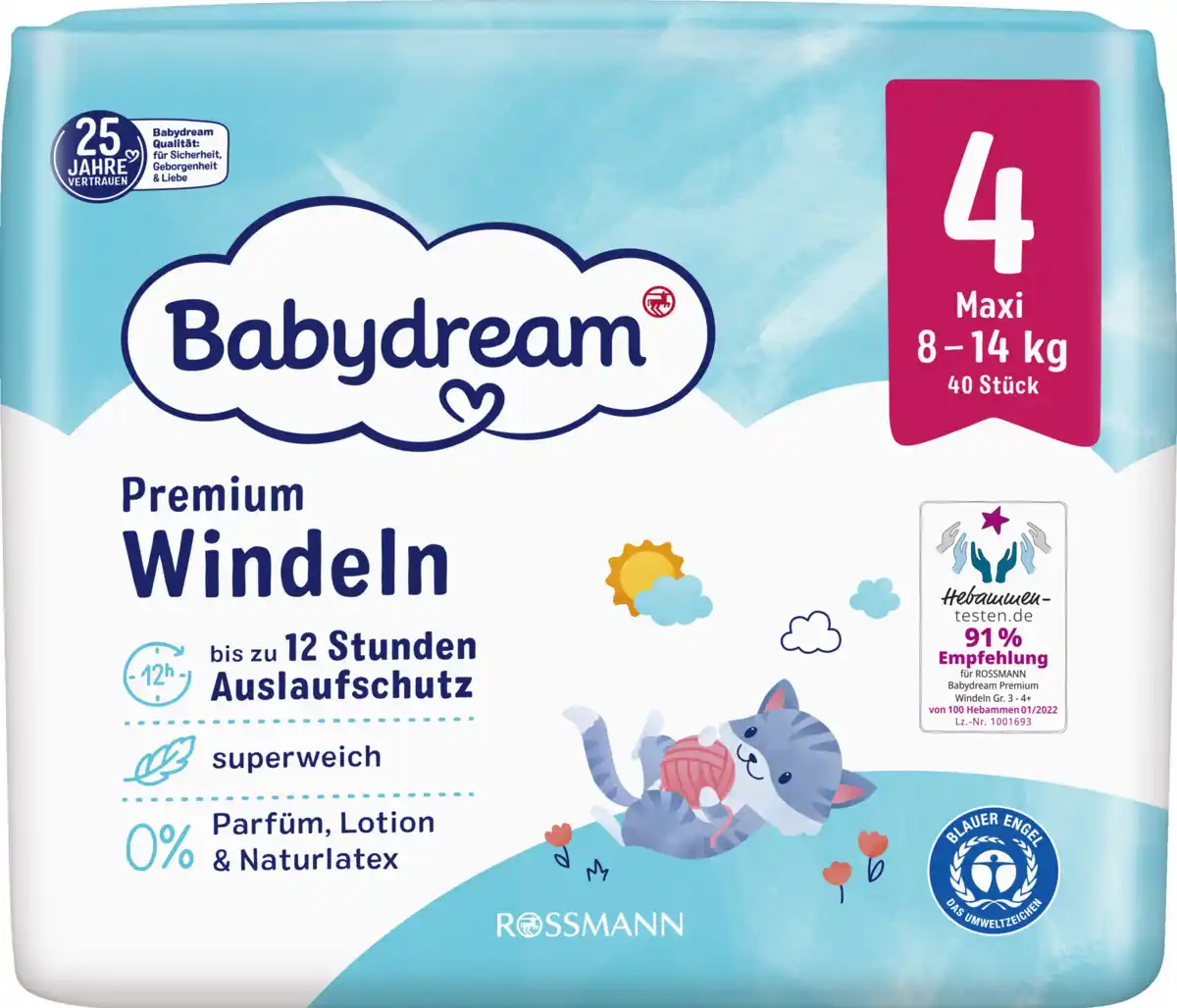 Bild 1 von Babydream Premium Windeln Größe 4 Maxi, 40 Stück, 8-14 kg