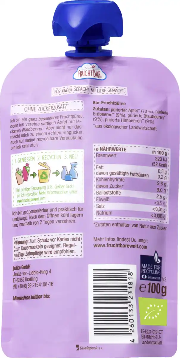 Bild 2 von FruchtBar Bio Fruchtpüree Apfel und Waldfrucht, 100 g