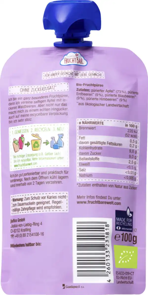 Bild 2 von FruchtBar Bio Fruchtpüree Apfel und Waldfrucht, 100 g