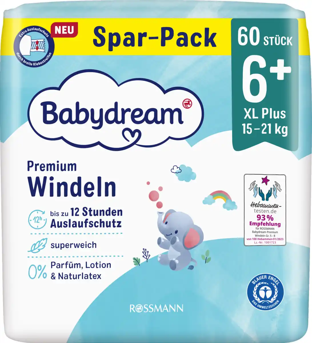 Bild 1 von Babydream Premium Windeln Größe 6+ XL+ Jumbo, 60 Stück, 15-21 kg