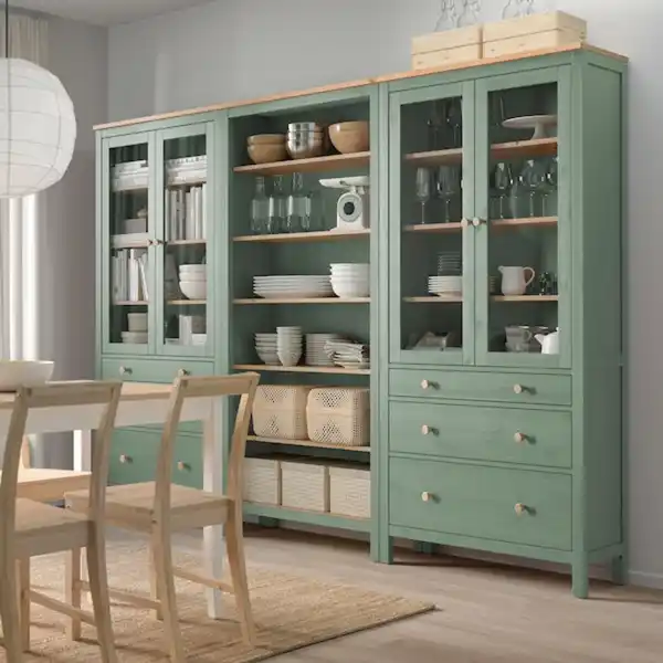 Bild 2 von HEMNES Aufbewkomb.+Türen/Schubladen, graugrün/hellbraun lasiert 270x197 cm