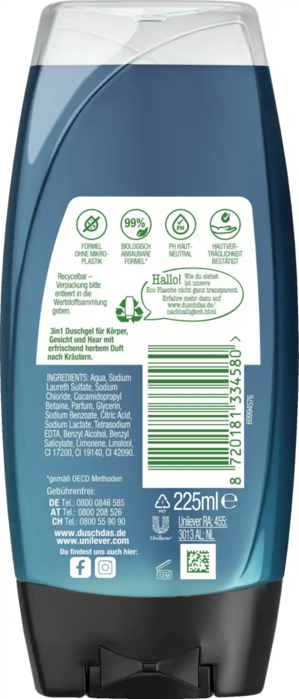 Bild 2 von duschdas 3-in-1 Duschgel & Shampoo For Men, 225 ml