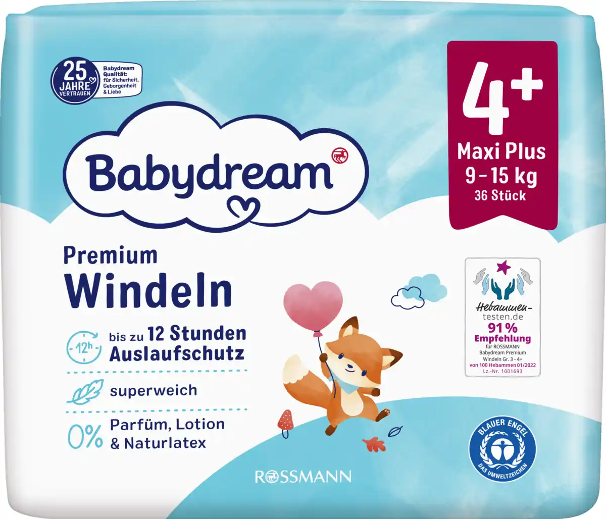 Bild 1 von Babydream Premium Windeln Gr. 4+ Maxi Plus, 36 Stück, 9-15 kg