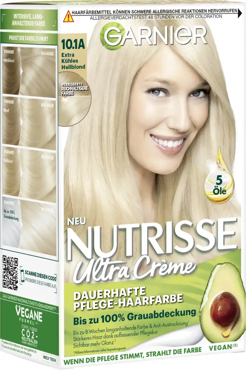 Bild 1 von Garnier Nutrisse Ultra Crème Coloration Dauerhafte Pflege-Haarfarbe 10.1A Extra kühles Hellblond