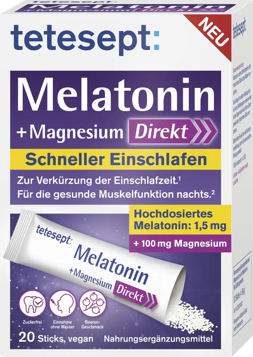 Bild 1 von tetesept Melatonin + Magnesium Direkt Sticks, 36 g