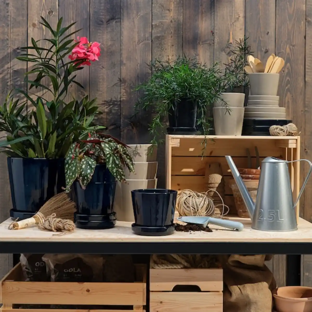 Bild 3 von KLOTLÖNN Blumentopf mit Untersetzer, drinnen/draußen/grau/beige 15 cm