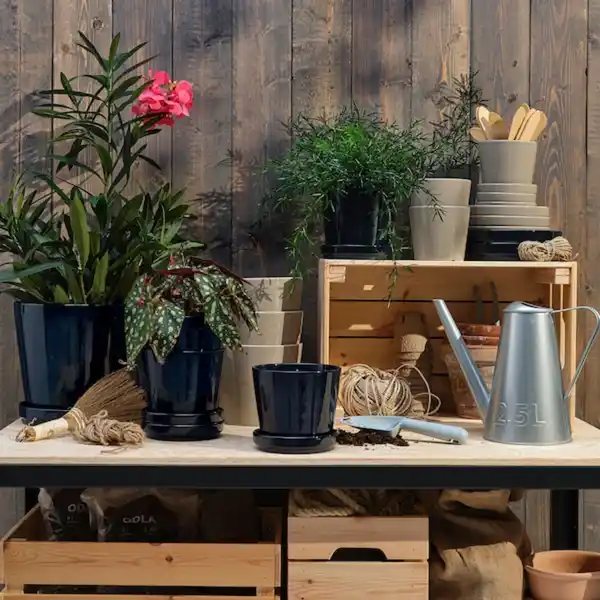 Bild 3 von KLOTLÖNN Blumentopf mit Untersetzer, drinnen/draußen/grau/beige 15 cm