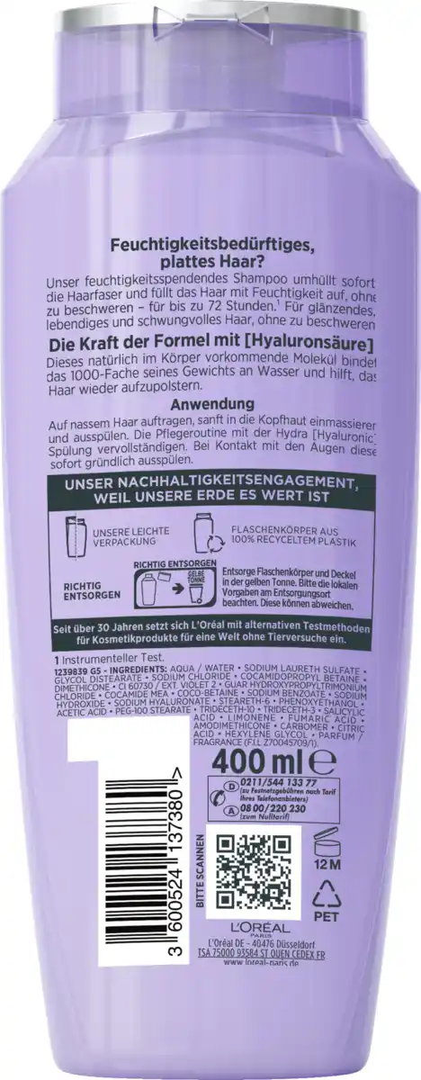 Bild 2 von L’Oréal Paris Elvital Hydra Hyaluronic 72H Feuchtigkeits-Auffüllendes Shampoo, 400 ml