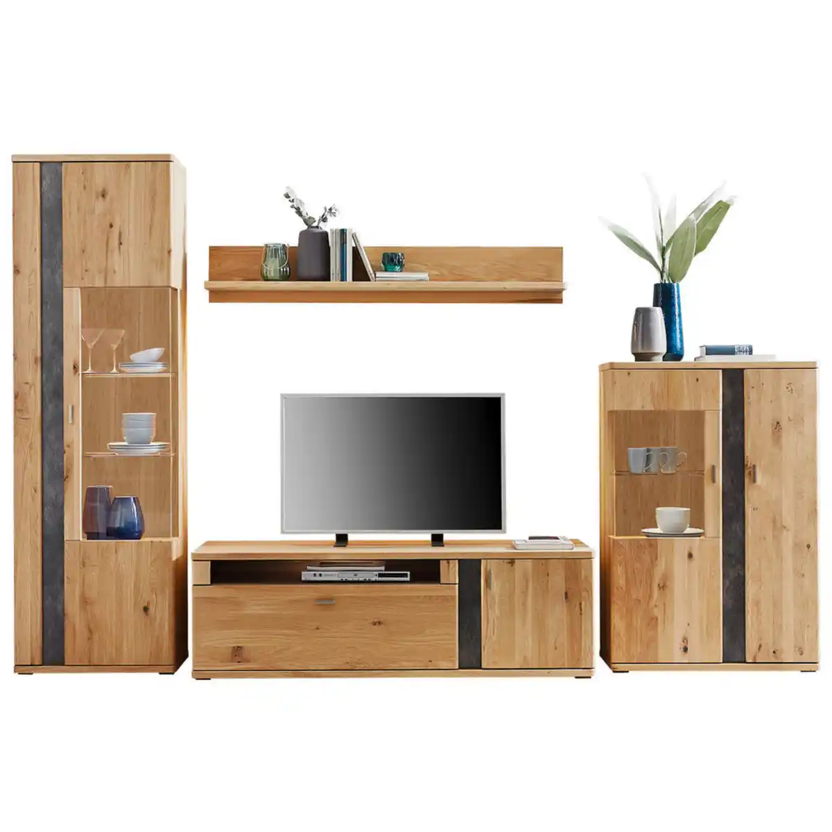 Bild 1 von Voleo Wohnwand Turego, Eiche, Metall, Eiche, furniert,furniert, massiv,massiv, 6 Fächer, 1 Schubladen, 327.4x208.6x50.2 cm, erweiterbar, Beimöbel erhältlich, stehend, Wohnzimmer, Wohnwände, Anbau