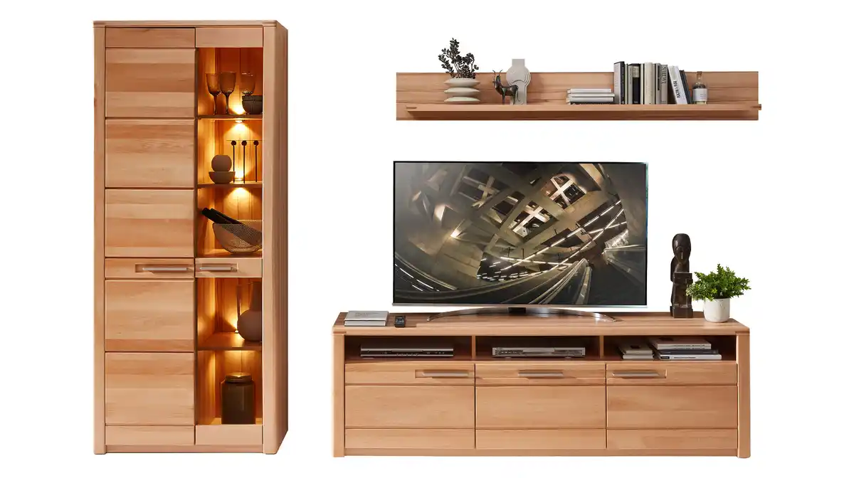 Bild 1 von Wohnwand Kernbuche mit Beleuchtung 310 cm - NATURE ONE