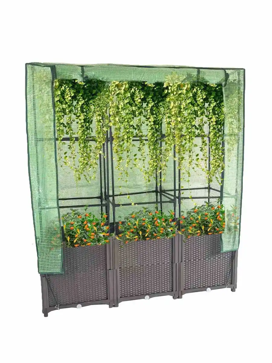 Bild 2 von Hochbeet mit Kunststoffabdeckung, Rankgitter für Garten, ca. 40 x 120 x 141 cm - Braun