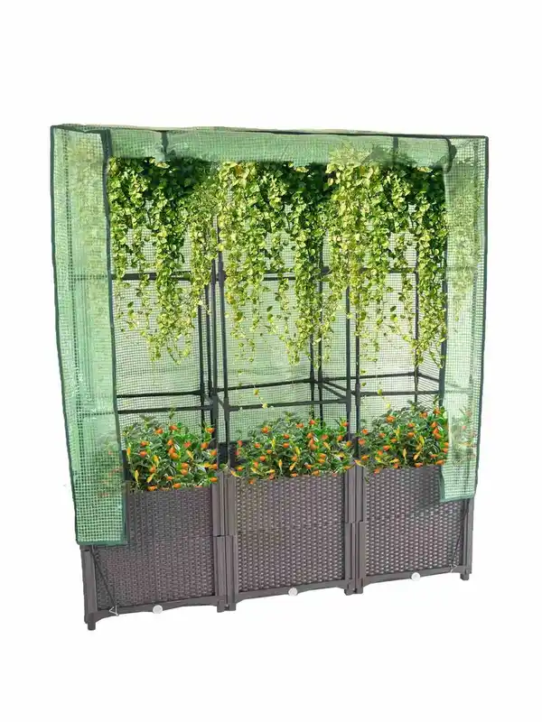 Bild 2 von Hochbeet mit Kunststoffabdeckung, Rankgitter für Garten, ca. 40 x 120 x 141 cm - Braun