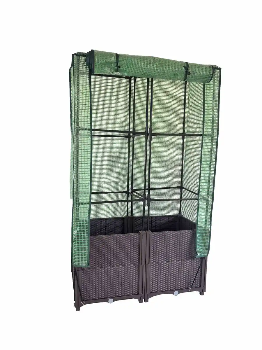 Bild 1 von Hochbeet mit Kunststoffabdeckung, Rankgitter für Garten, ca. 40 x 80 x 141 cm - Braun