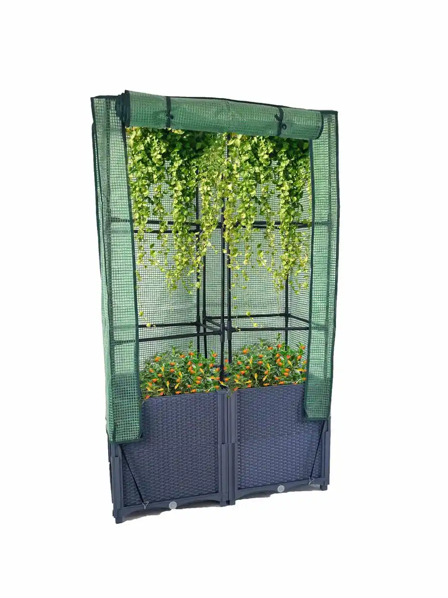 Bild 2 von Hochbeet mit Kunststoffabdeckung, Rankgitter für Garten ca. 40x80x141cm Gray