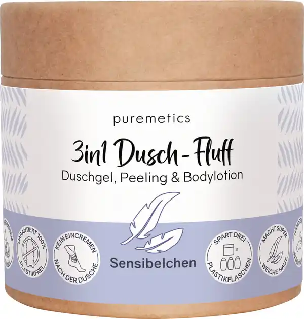 Bild 1 von puremetics 3in1 Dusch-Fluff Sensibelchen mit Zuckerpeeling, 250 g