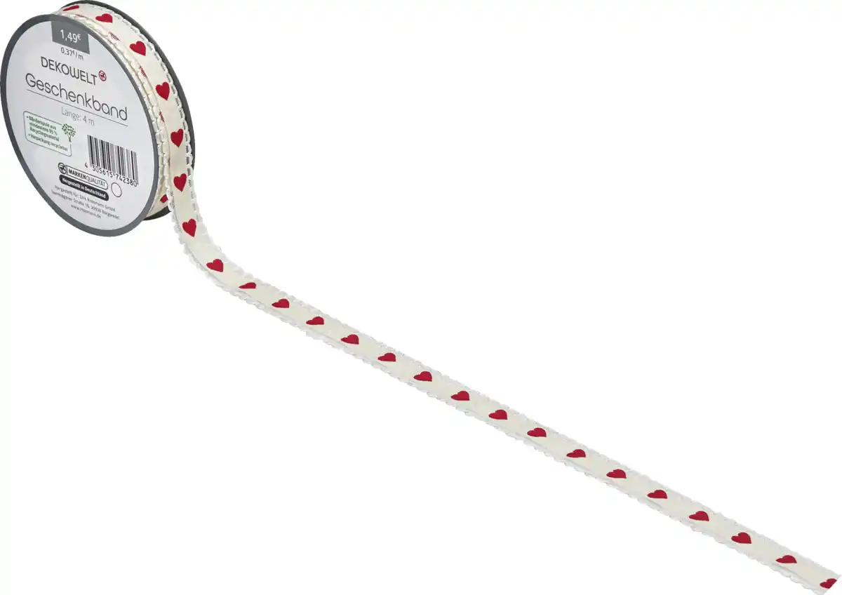 Bild 2 von DEKOWELT Geschenkband creme mit roten Herzen, 4 m