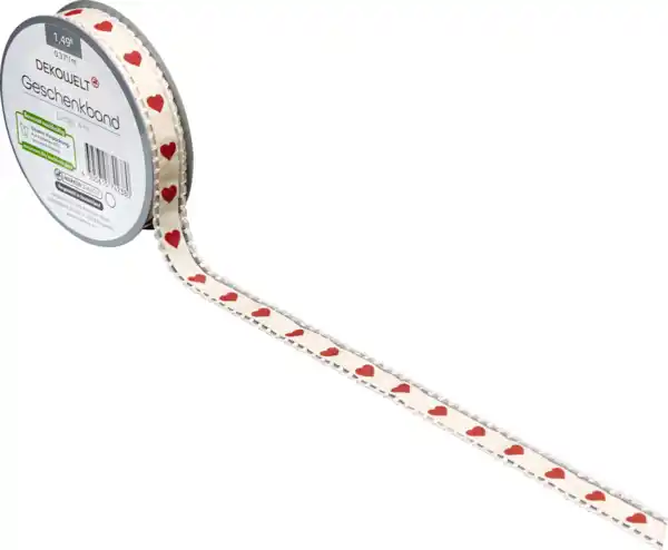 Bild 3 von DEKOWELT Geschenkband creme mit roten Herzen, 4 m