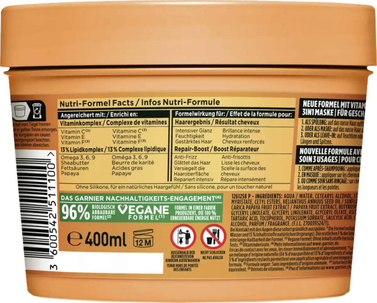 Bild 2 von Garnier Fructis Haarkur Papaya Hair Food 3in1 Maske Geschädigtes Haar, 400 ml