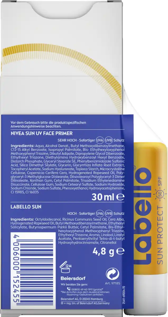 Bild 2 von NIVEA SUN 2in1 Primer Daily UV Serum LSF 50+ + Labello Sun LSF 50, 35 ml