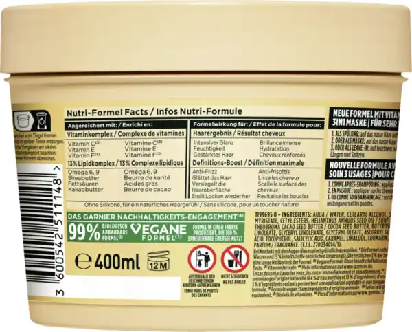 Bild 2 von Garnier Fructis Haarkur Kakao Butter Hair Food 3in1 Maske Sehr Trockenes & Lockiges Haar, 400 ml
