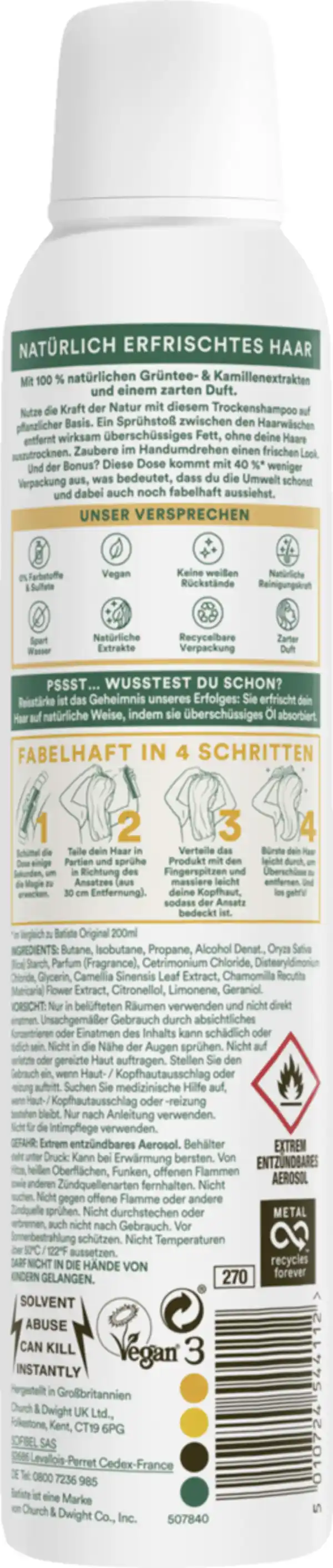 Bild 2 von Batiste Trockenshampoo Naturally Grüner Tee & Kamille, 200 ml