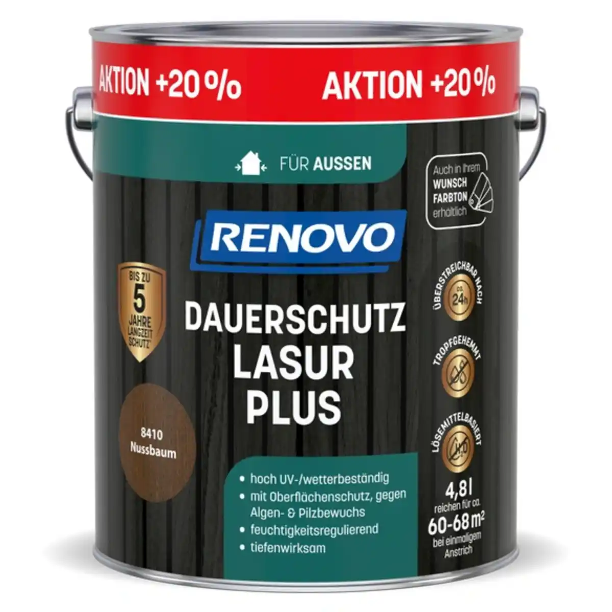 Bild 1 von RENOVO Dauerschutzlasur »PLUS«, lmh 4,8L, nussbaum 8410 Aktion +20 Proz.