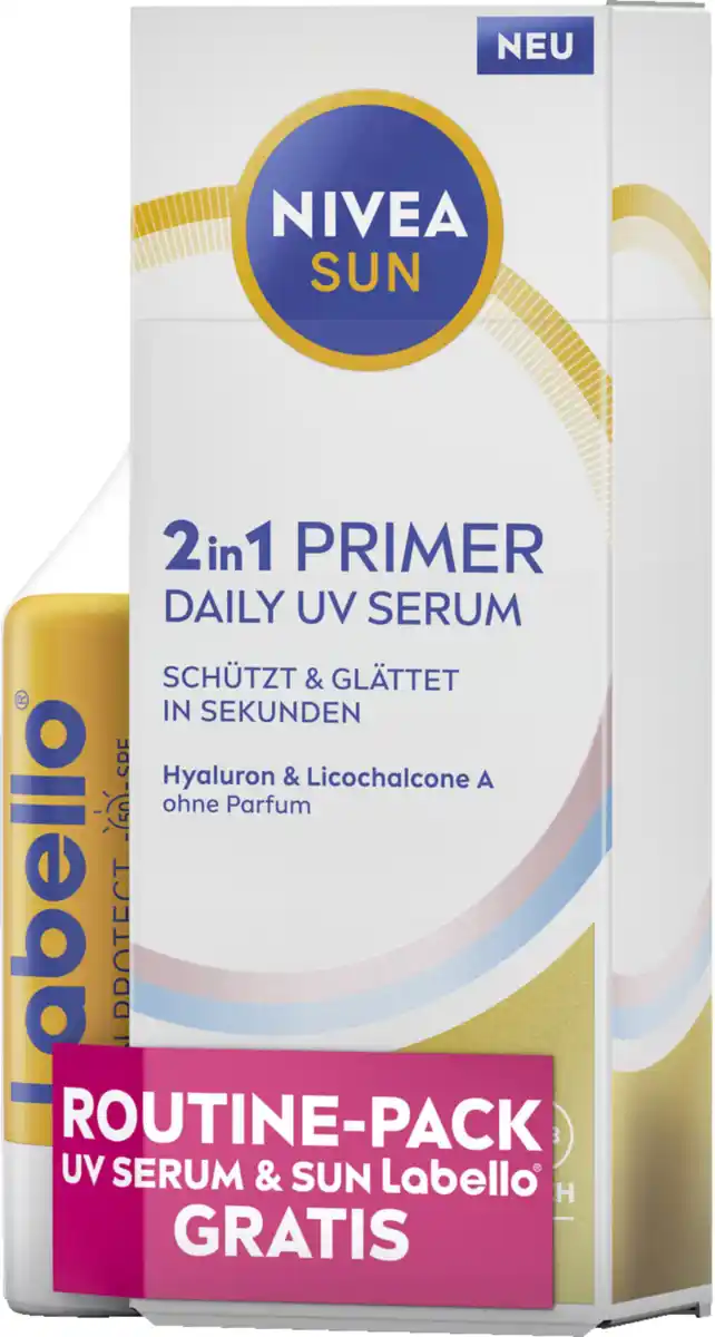 Bild 1 von NIVEA SUN 2in1 Primer Daily UV Serum LSF 50+ + Labello Sun LSF 50, 35 ml