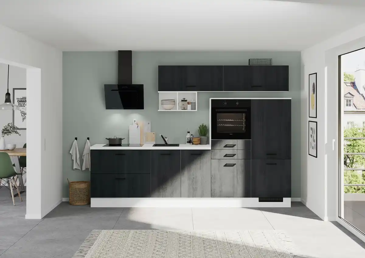 Bild 1 von Küchenblock IKZ mit Geräten ca.300cm Schwarz/Weiß, Schwarz, Eiche dunkel