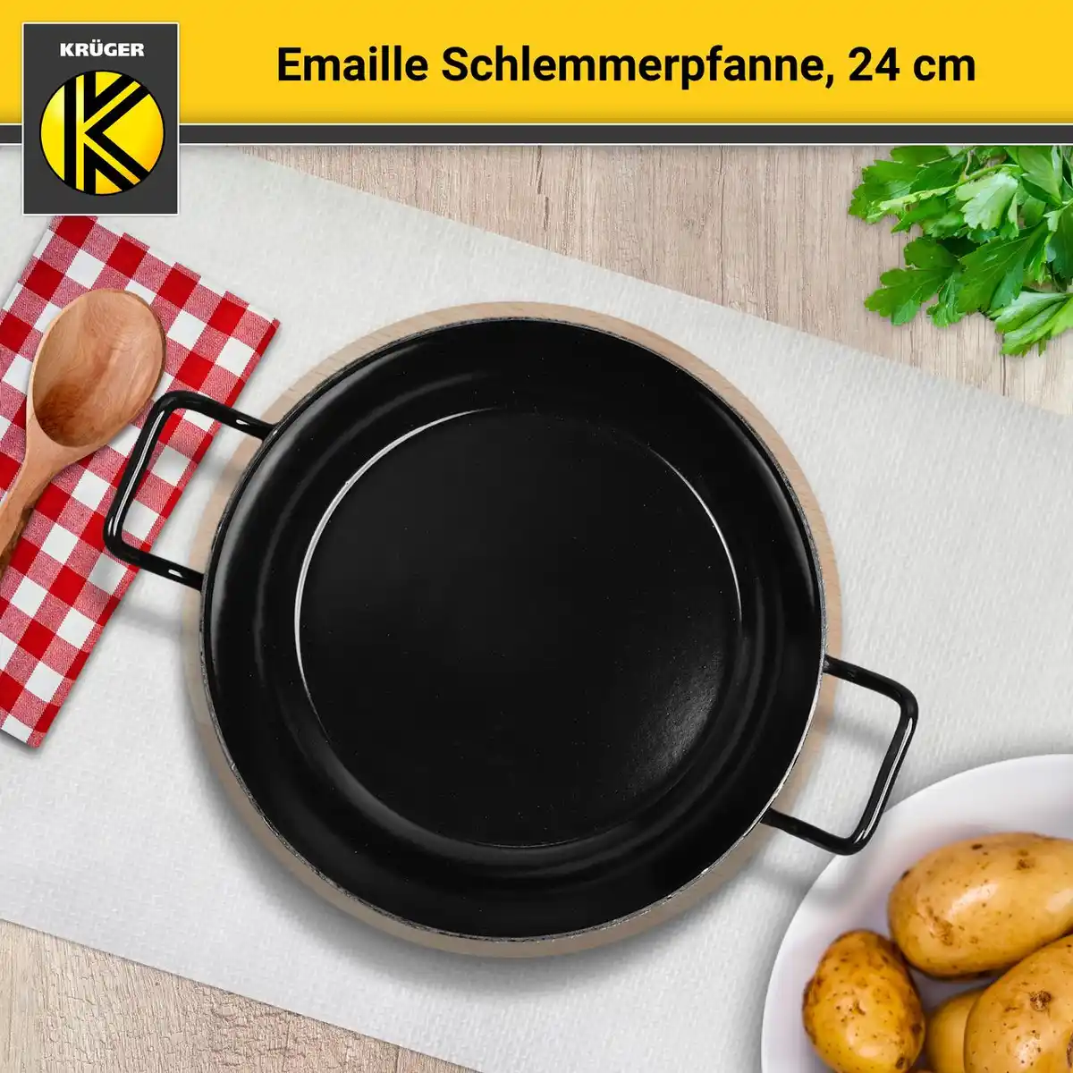 Bild 3 von Emaillierte Schlemmerpfanne mit Holzteller, 24 cm