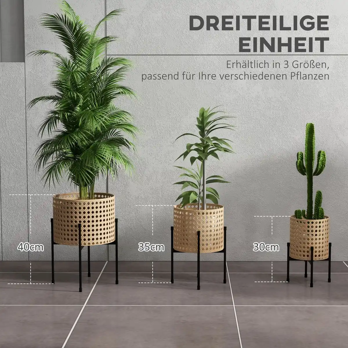 Bild 4 von 3er-Set Pflanzenständer Blumenständer mit Rattanoptik Stahl Gold
