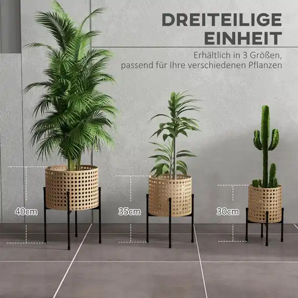 Bild 4 von 3er-Set Pflanzenständer Blumenständer mit Rattanoptik Stahl Gold