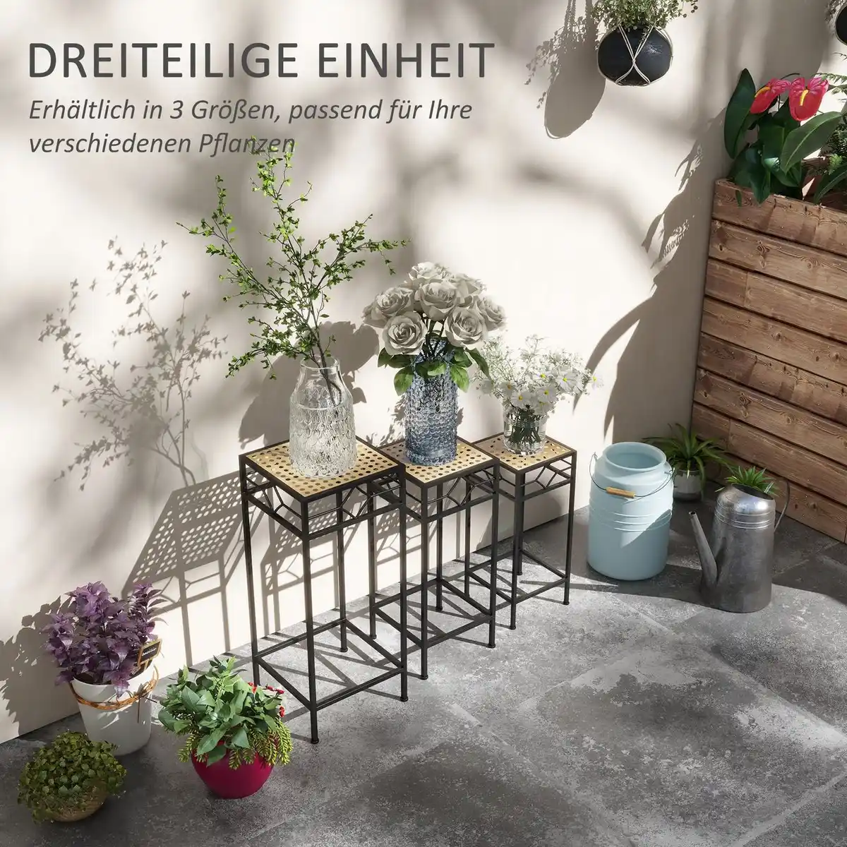 Bild 4 von 3-tlg. Pflanzenständer Blumenhocker Blumentopfhalter mit Rattanoptik