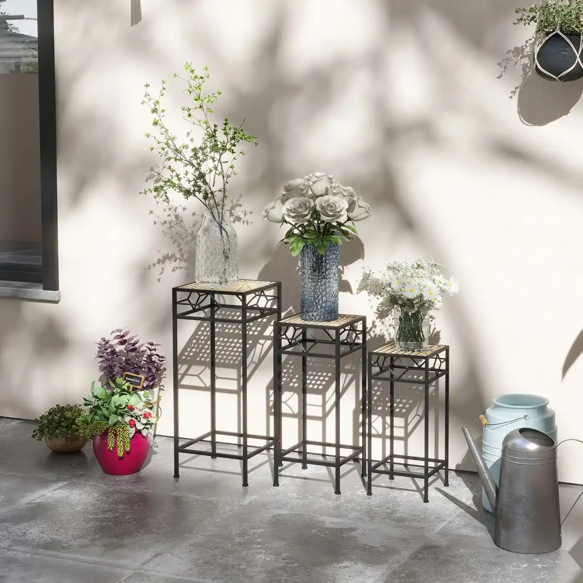 Bild 2 von 3-tlg. Pflanzenständer Blumenhocker Blumentopfhalter mit Rattanoptik