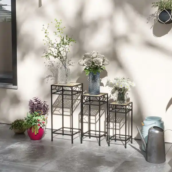 Bild 2 von 3-tlg. Pflanzenständer Blumenhocker Blumentopfhalter mit Rattanoptik