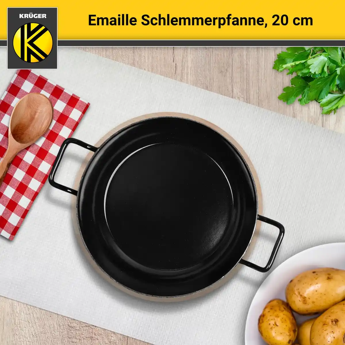 Bild 2 von Emaillierte Schlemmerpfanne mit Holzteller, 20 cm