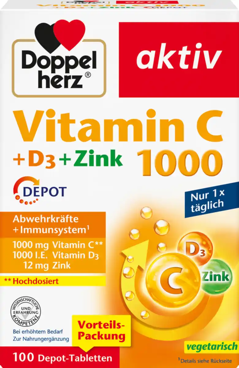 Bild 1 von Doppelherz Großpackung Doppelherz Vitamin C 1000 + D3 + Zink Depot, 143 g