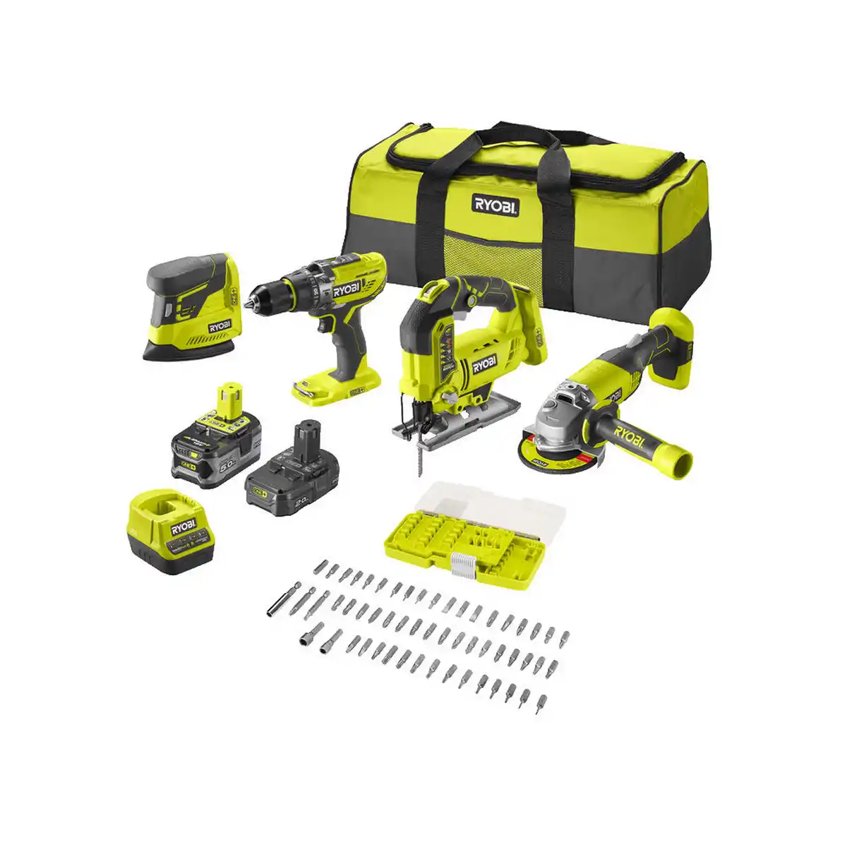 Bild 1 von Ryobi Combo Kit Akku-Schlagbohrschrauber, Winkelschleifer, Stichsäge, Delta-Vibrationsschleifer 'R18CK4F-252S' mit Akku, Werkzeugtasche und 55-teiligem Bit-Set