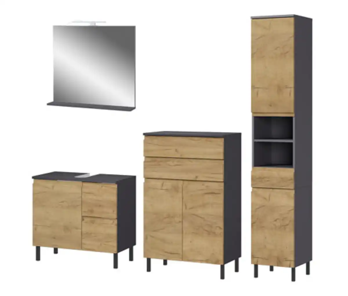 Bild 1 von Set »Salinas« klein mit Kommode, Hochschrank, Waschbeckenunterschrank und Spiegel, graphit-eiche
