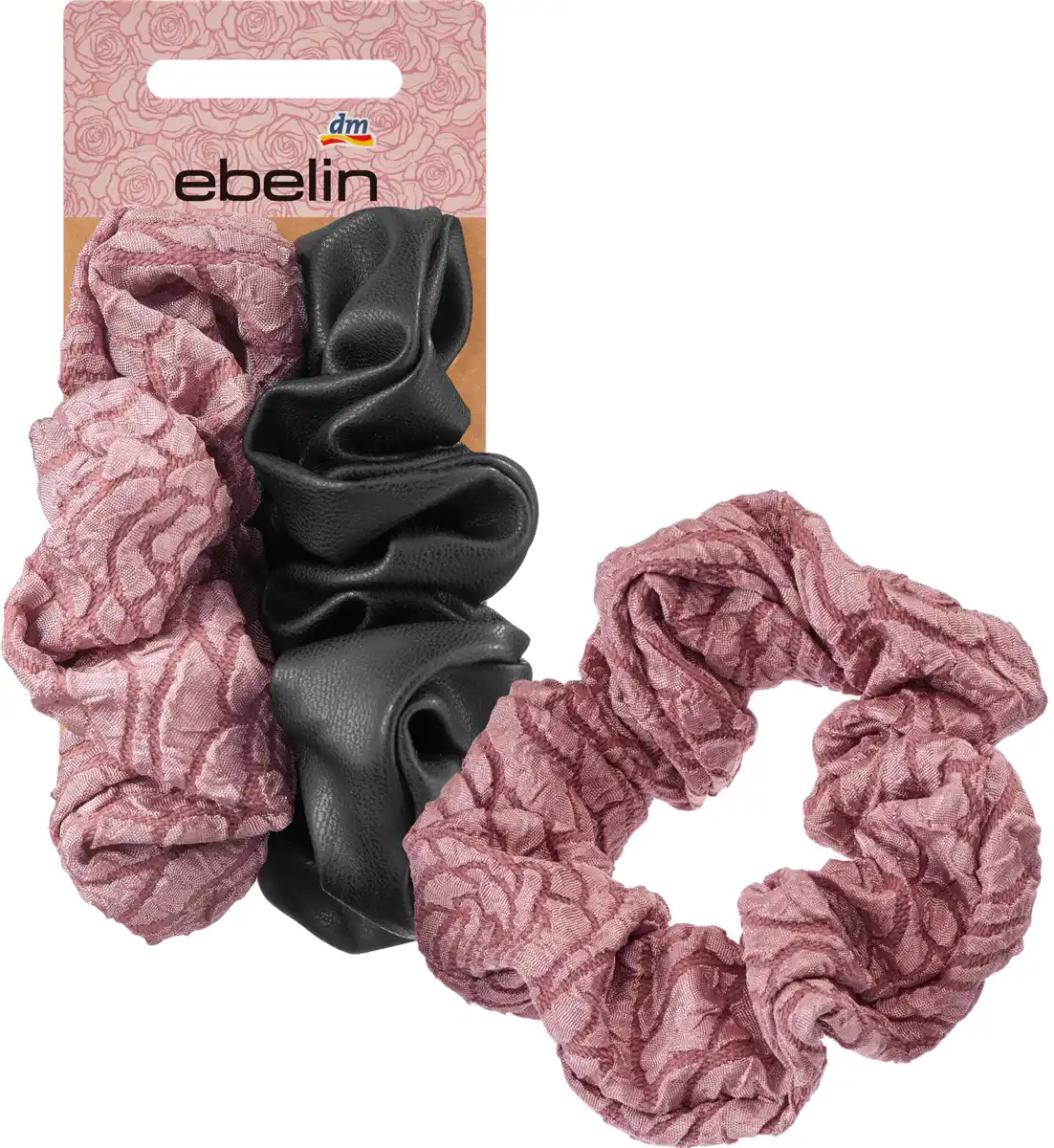 Bild 1 von ebelin Scrunchies Lederoptik/Rosenmotiv schwarz, rosa