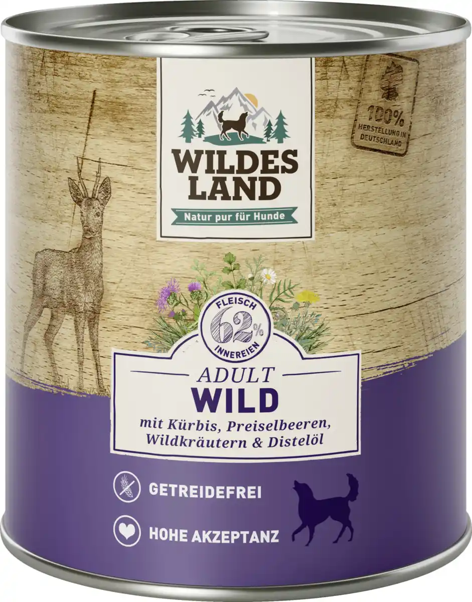 Bild 1 von Wildes Land Nassfutter Wild mit Kürbis Preiselbeeren Wildkräutern und Distelöl, 800 g