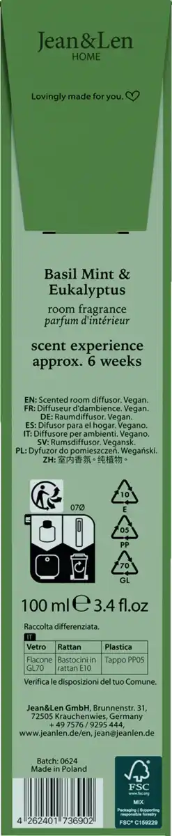 Bild 2 von Jean&Len Raumduft Basilikum-Minze und Eukalyptus, 100 ml