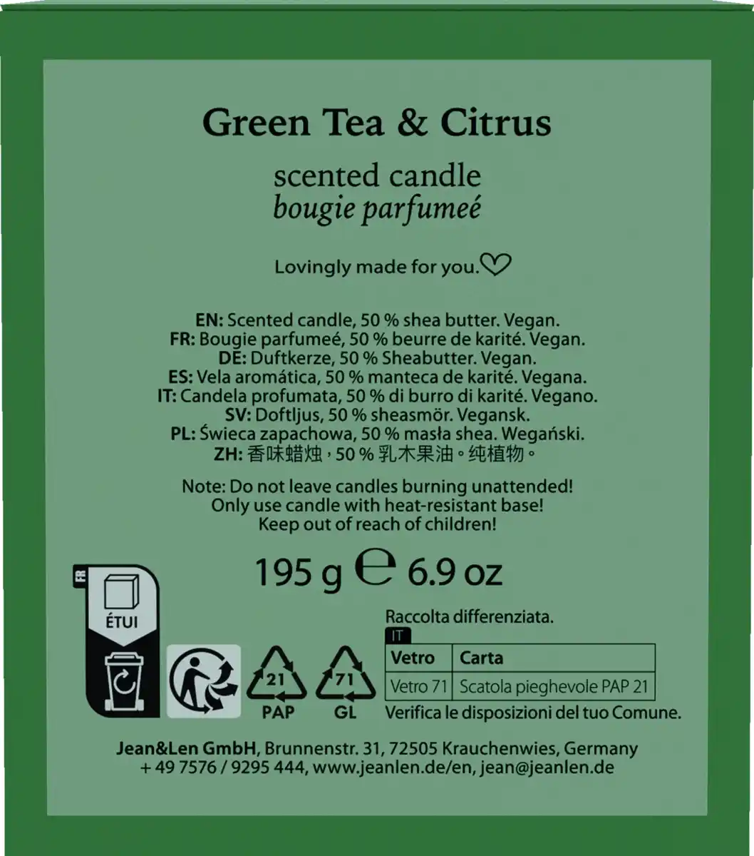 Bild 2 von Jean&Len Duftkerze Green Tea & Citrus, 195 g