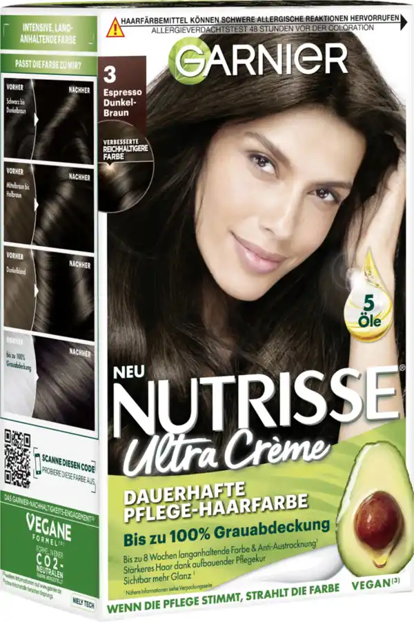 Bild 1 von Garnier Nutrisse Ultra Crème Coloration Dauerhafte Pflege-Haarfarbe 3 Espresso Dunkelbraun