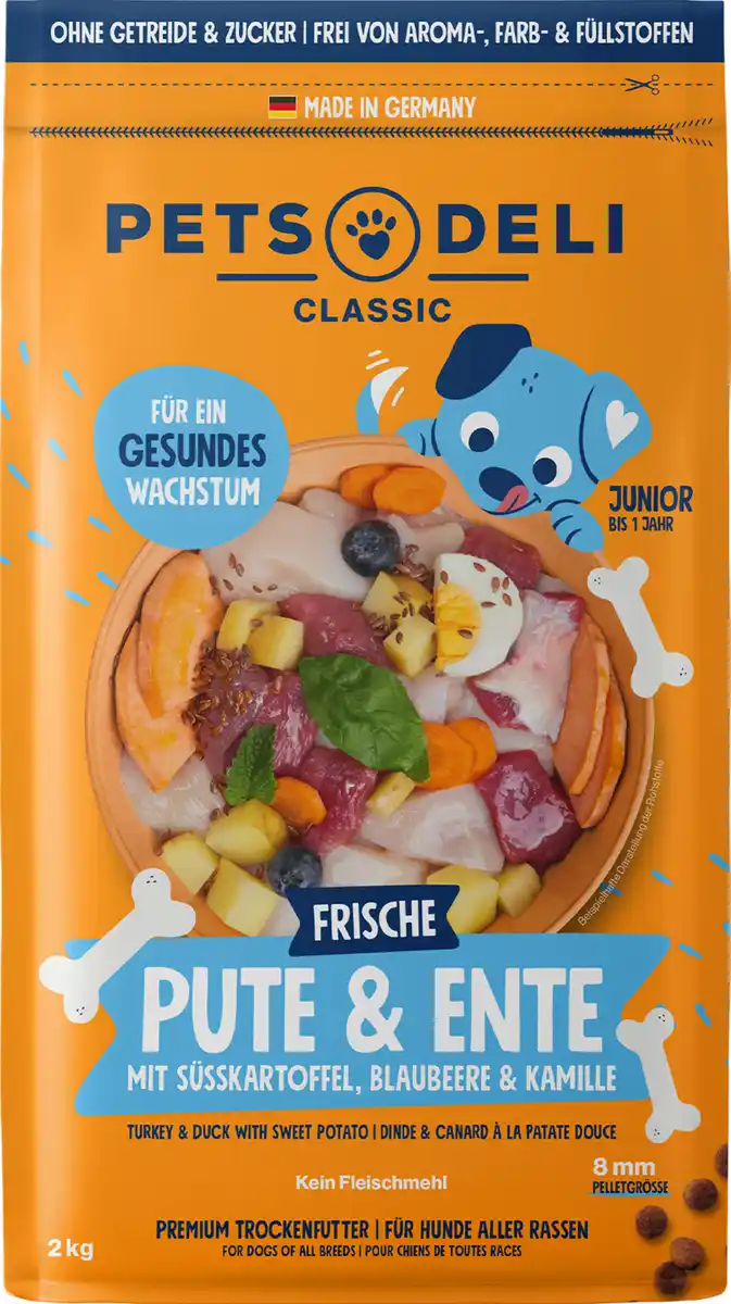Bild 1 von Pets Deli Trockenfutter Junior Pute mit Ente, Süßkartoffel, Blaubeere und Kamille, 2 kg