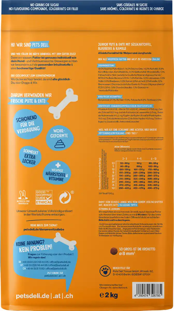 Bild 2 von Pets Deli Trockenfutter Junior Pute mit Ente, Süßkartoffel, Blaubeere und Kamille, 2 kg