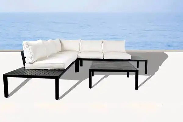 Bild 2 von Aluminium Eckloungeset 14 tlg. mit Tischablage & Polsterkissen schwarz / creme